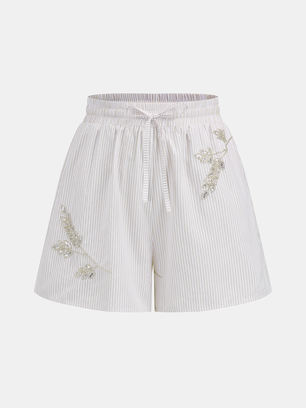 Striped Sequin Leaf Drawstring Casual Shorts