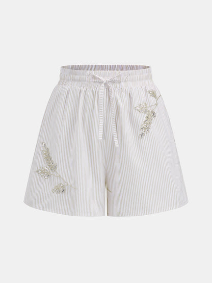 Striped Sequin Leaf Drawstring Casual Shorts