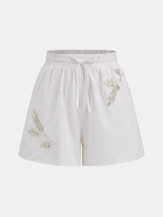 Striped Sequin Leaf Drawstring Casual Shorts
