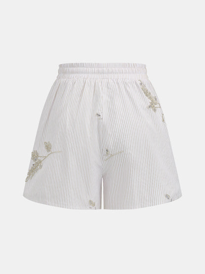 Striped Sequin Leaf Drawstring Casual Shorts