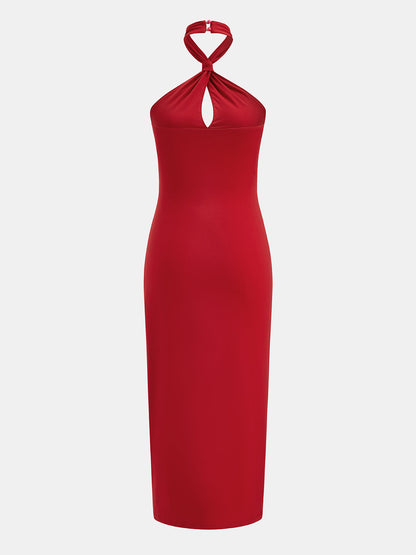 Twist Halter Ruched Keyhole Maxi Dress