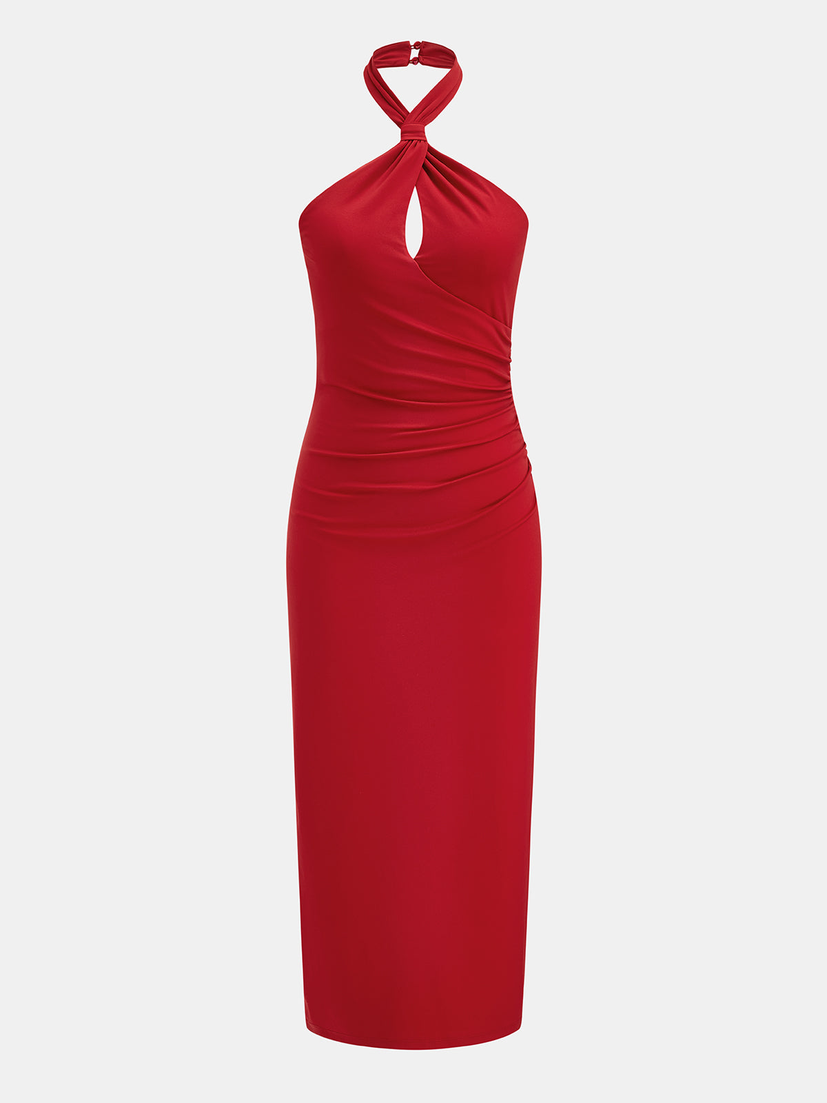 Twist Halter Ruched Keyhole Maxi Dress