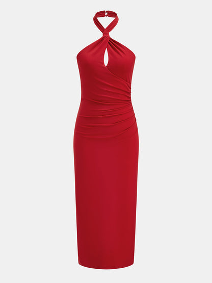 Twist Halter Ruched Keyhole Maxi Dress