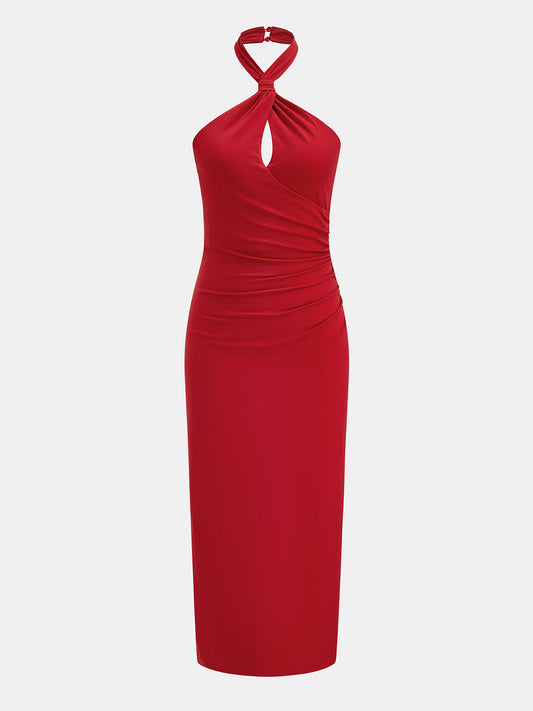 Twist Halter Ruched Keyhole Maxi Dress