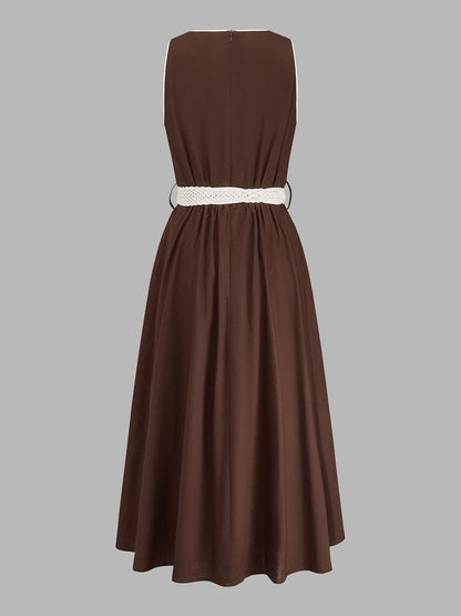Sleeveless Belted Cotton Linen Midi Dress