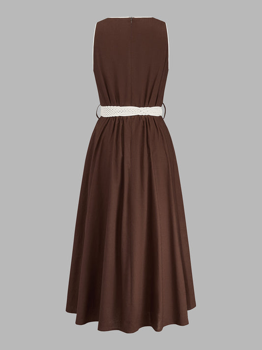 Sleeveless Belted Cotton Linen Midi Dress