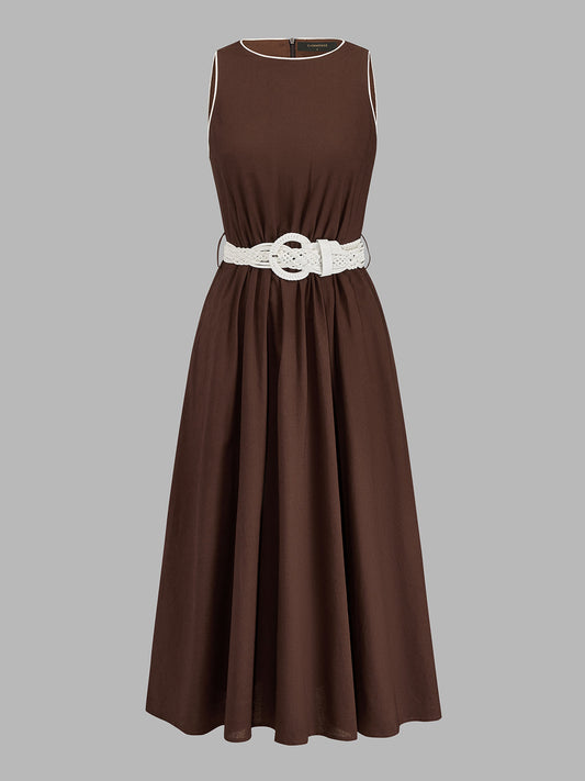 Sleeveless Belted Cotton Linen Midi Dress