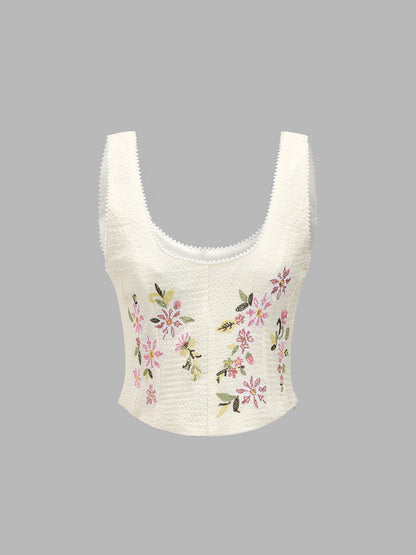 Floral Embroidered Lace Trim Corset Vest