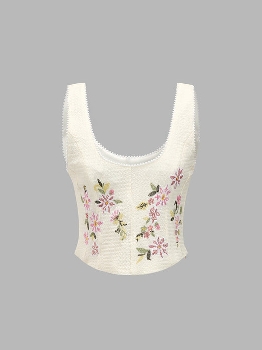 Floral Embroidered Lace Trim Corset Vest