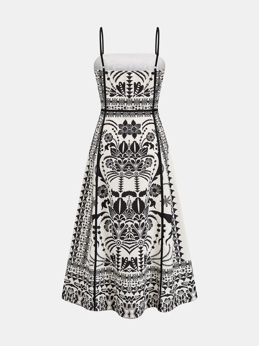 Ethnic Print Seamed Slip Midi Dress