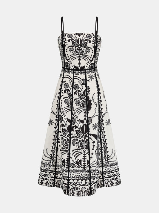 Ethnic Print Seamed Slip Midi Dress