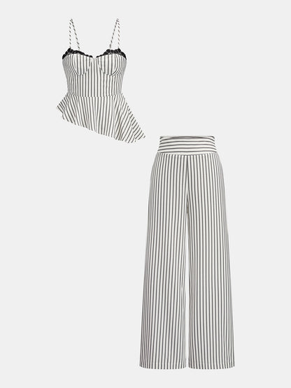Lace Trim Striped Peplum Top & Pants Set