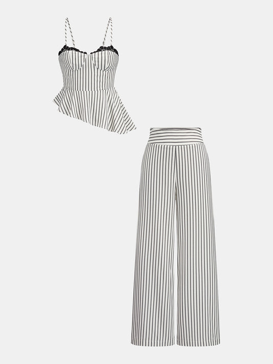Lace Trim Striped Peplum Top & Pants Set