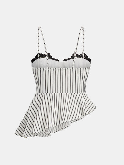 Lace Trim Striped Peplum Top & Pants Set