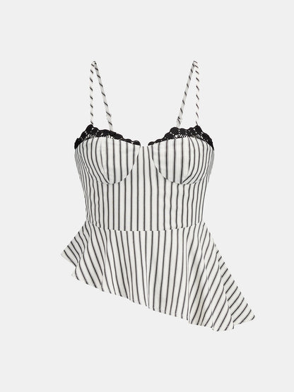 Lace Trim Striped Peplum Top & Pants Set