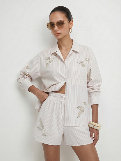 Striped Sequin Leaf Long Sleeve Shirt