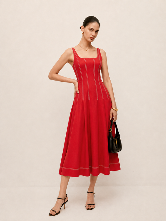 Square Neck Stitched Swing Maxi Dress