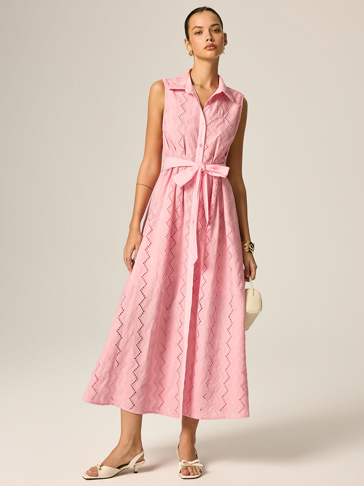 Eyelet Embroidery Belted Shirt Maxi Dress