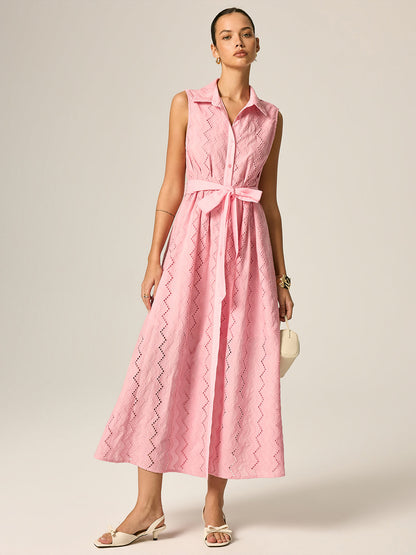 Eyelet Embroidery Belted Shirt Maxi Dress