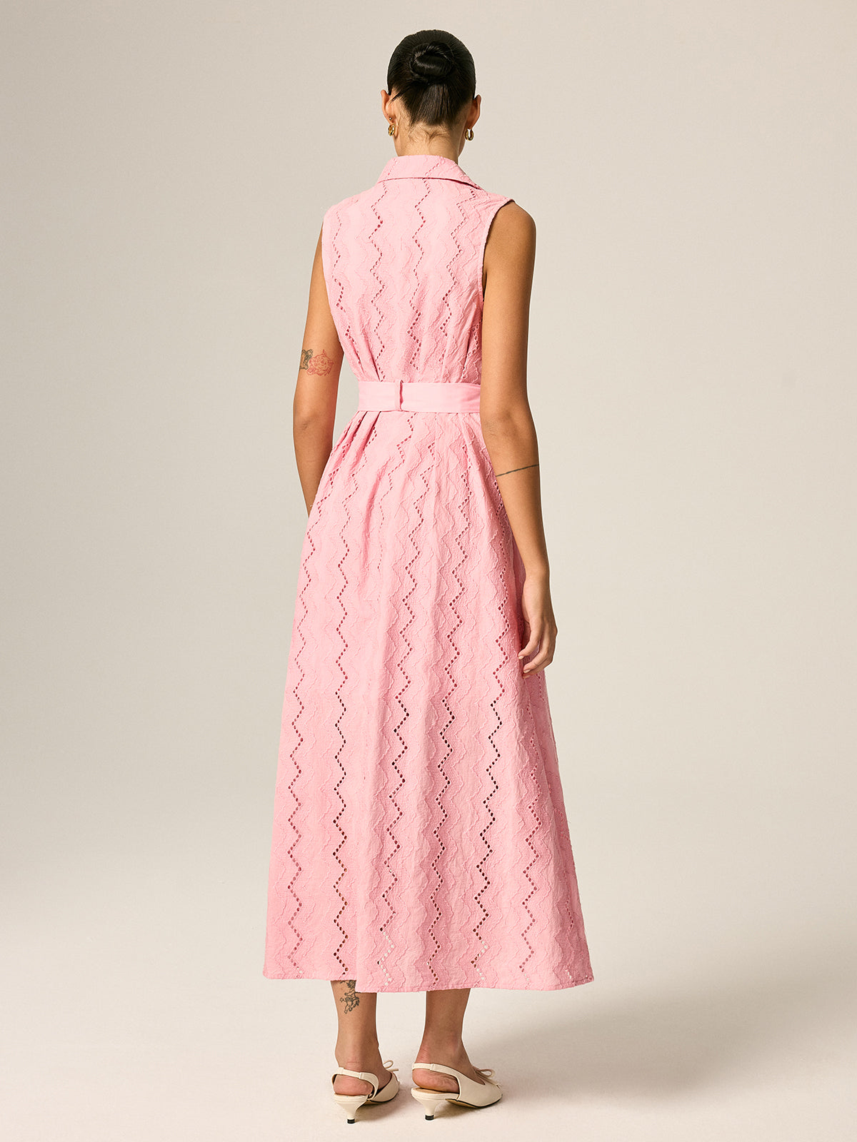 Eyelet Embroidery Belted Shirt Maxi Dress