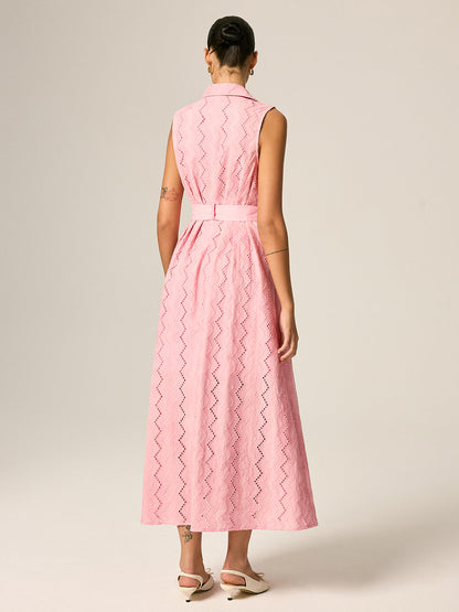 Eyelet Embroidery Belted Shirt Maxi Dress