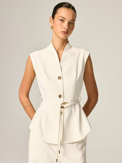 Stand Collar Belted Vest & Pants Set