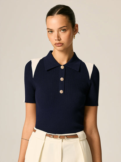 Color Block Polo Ribbed Knit Top