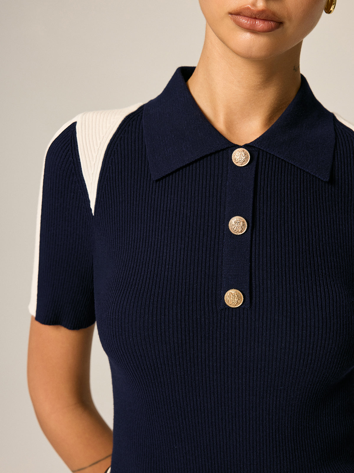 Color Block Polo Ribbed Knit Top