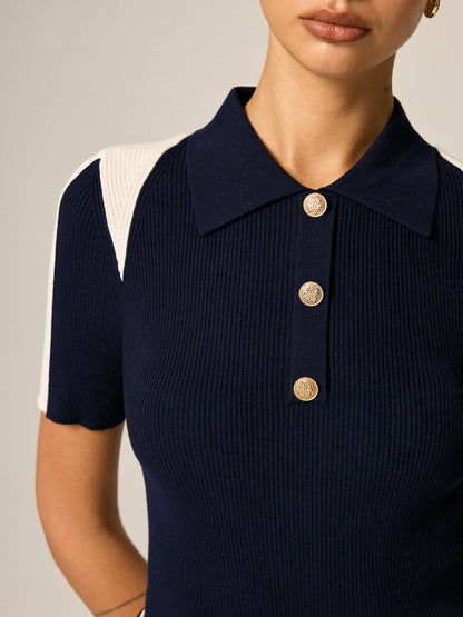 Color Block Polo Ribbed Knit Top