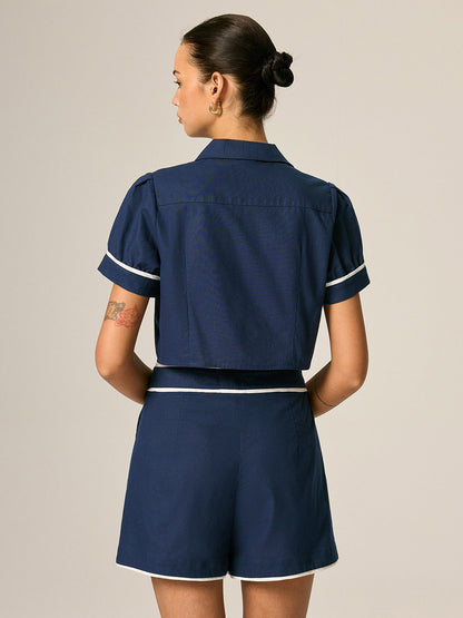 Contrast Trim Cotton Linen Two Piece Shorts Set