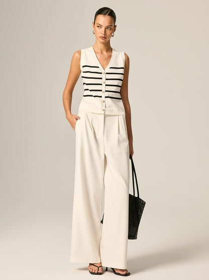 Striped V Neck Metal Button Knit Vest