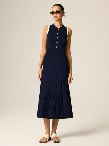 Contrast Trim Polo Ribbed Knit Maxi Dress