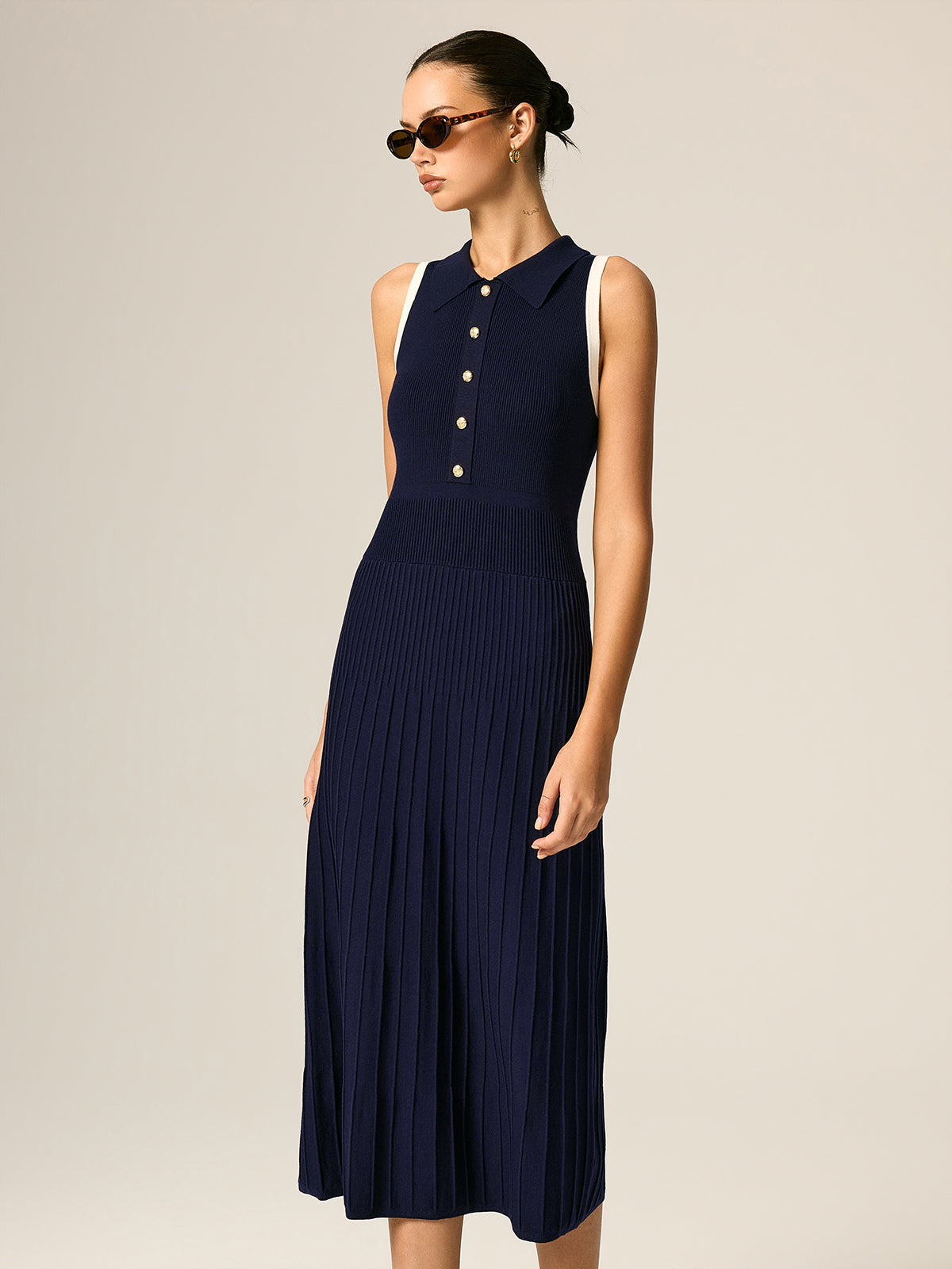 Contrast Trim Polo Ribbed Knit Maxi Dress