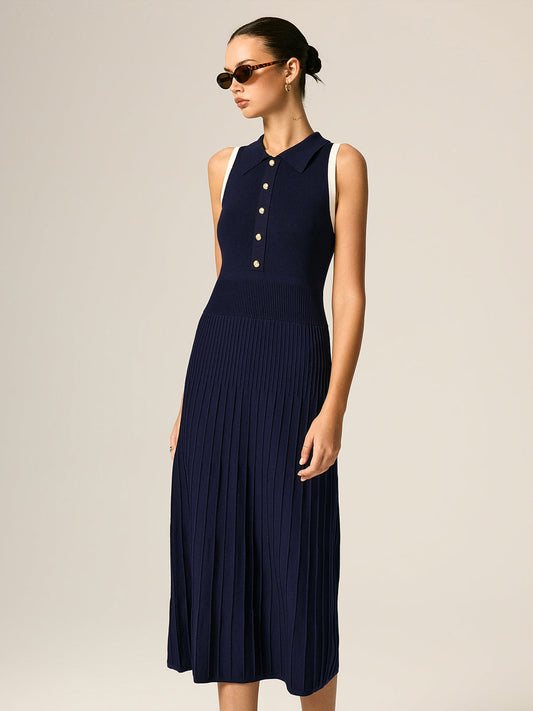 Contrast Trim Polo Ribbed Knit Maxi Dress