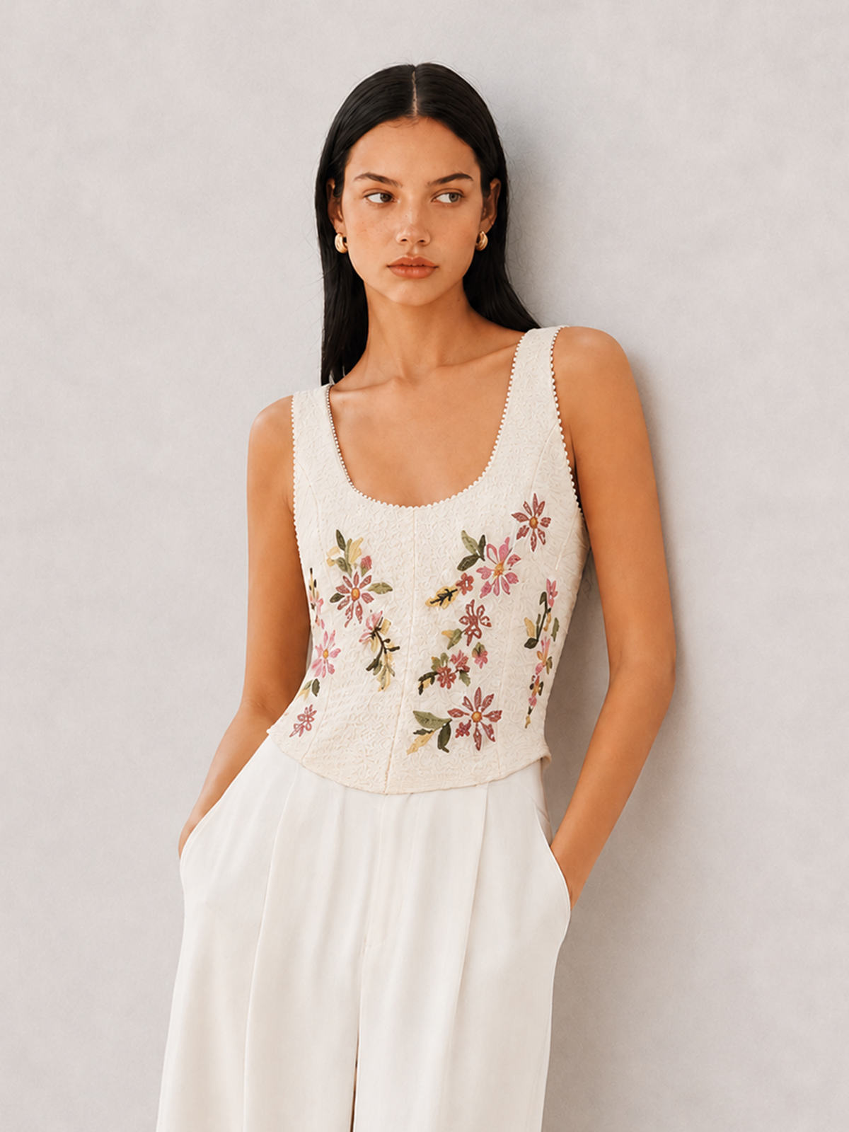 Floral Embroidered Lace Trim Corset Vest