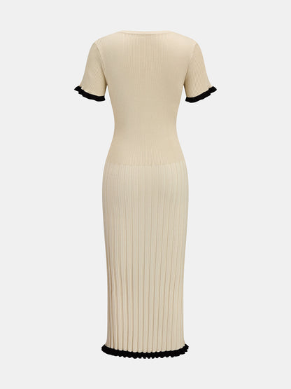 Ruffle Trim Ribbed Bodycon Midi Dress