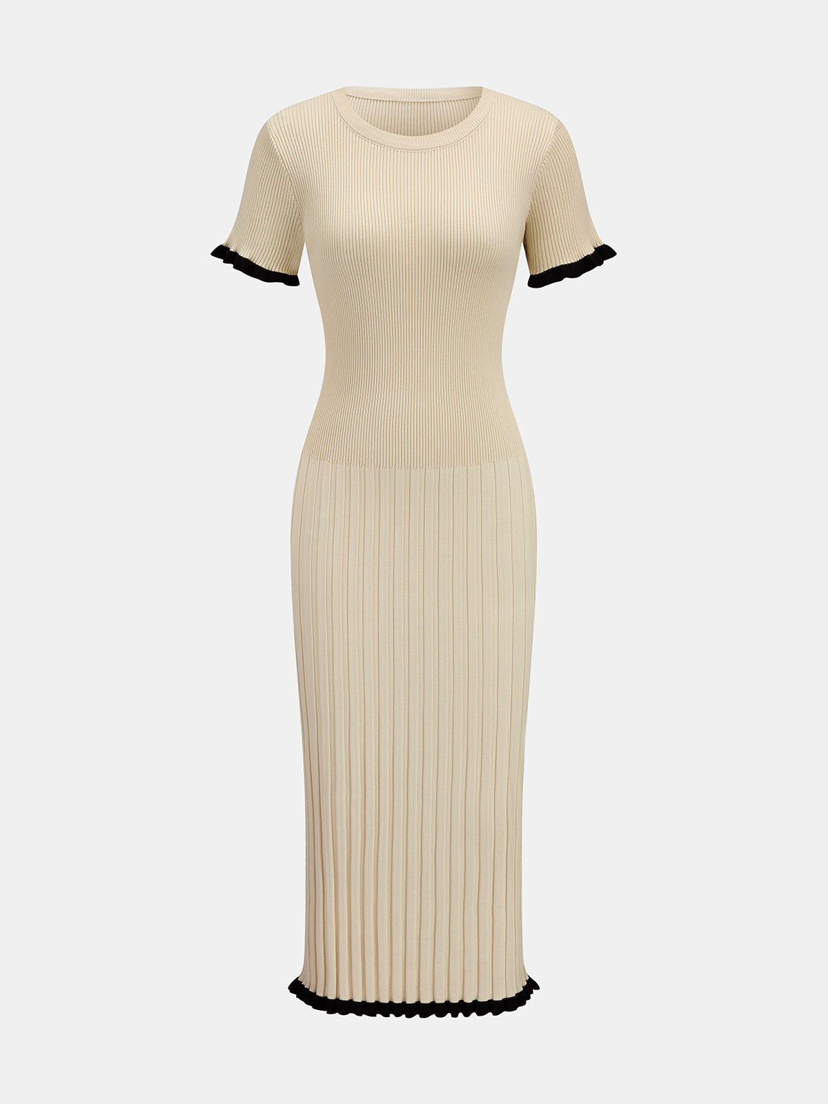 Ruffle Trim Ribbed Bodycon Midi Dress