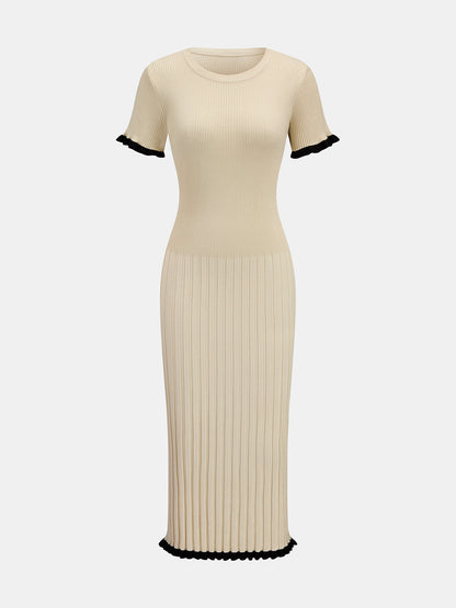 Ruffle Trim Ribbed Bodycon Midi Dress