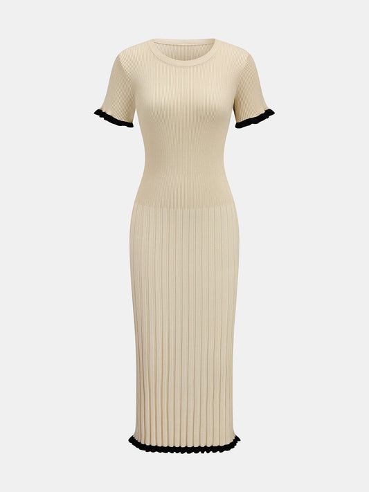 Ruffle Trim Ribbed Bodycon Midi Dress