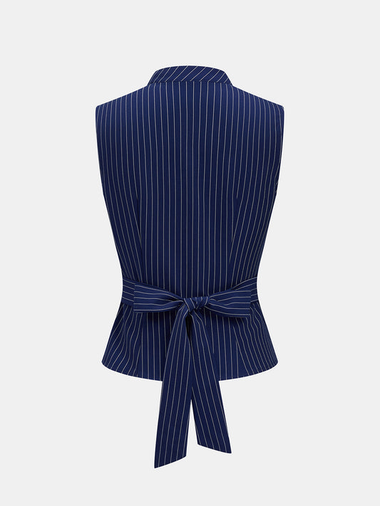 Stand Collar Striped Tie-Back Sleeveless Blouse