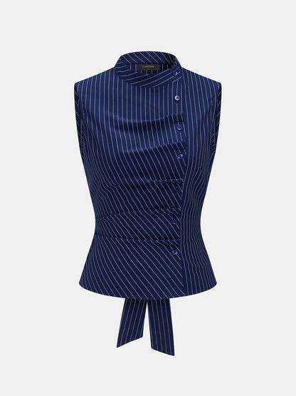 Stand Collar Striped Tie-Back Sleeveless Blouse