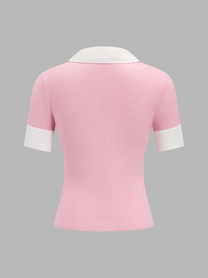 Color Block Collar Wool Blend Knit Polo Top