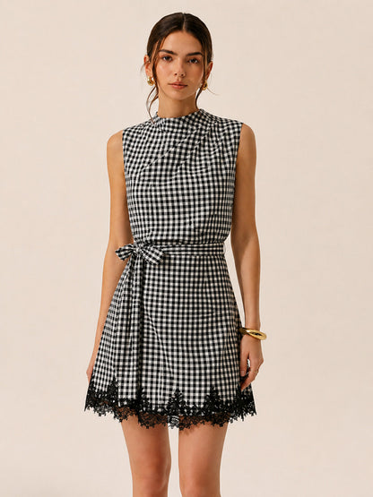 Gingham Tie-Waist Lace Trim Mini Dress