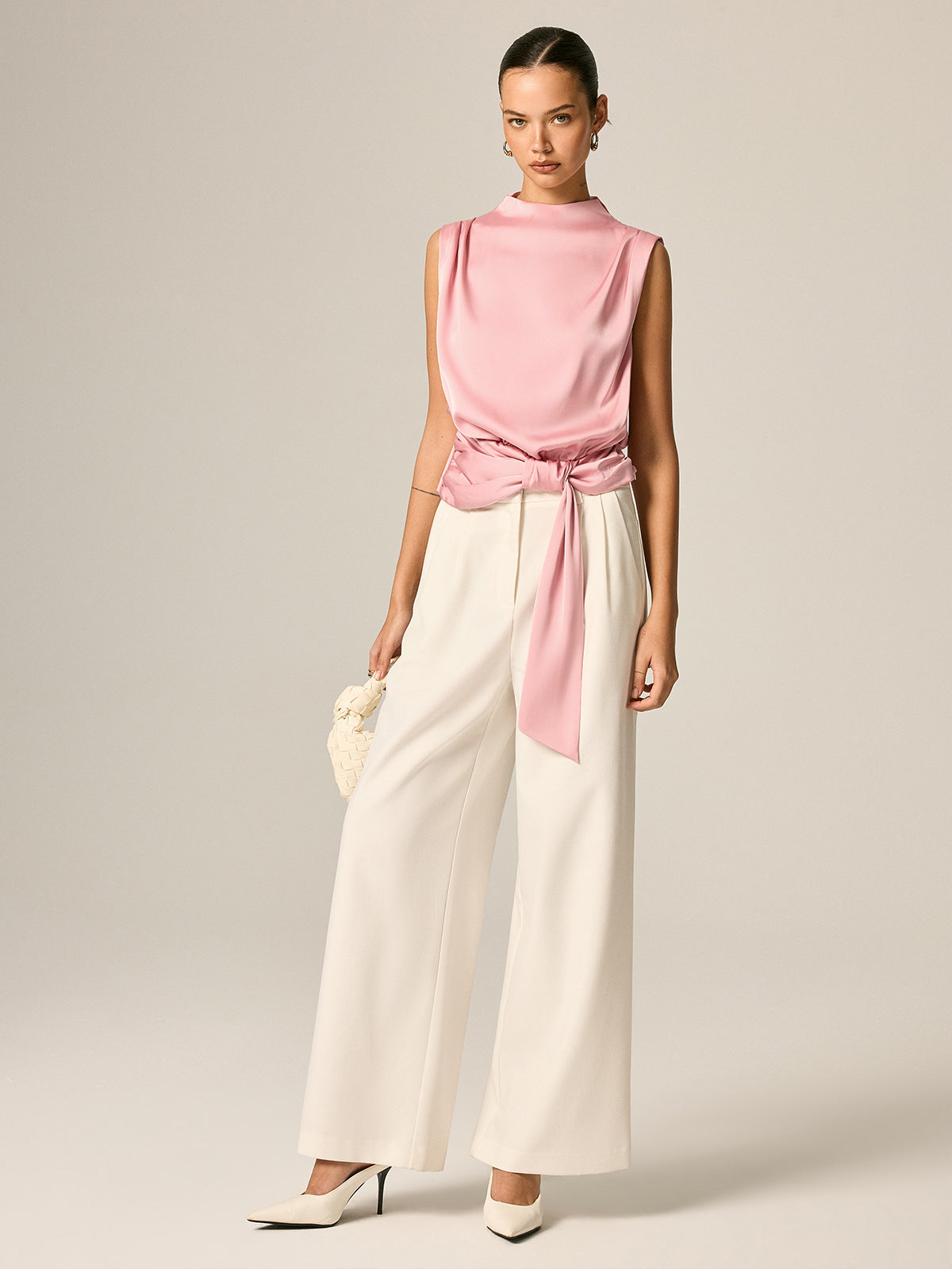 Draped Satin Tie Waist Sleeveless Blouse
