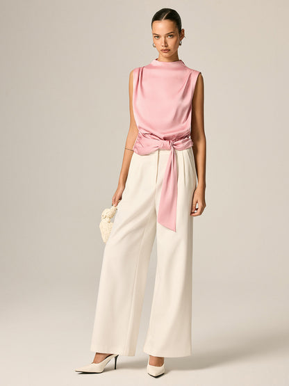 Draped Satin Tie Waist Sleeveless Blouse