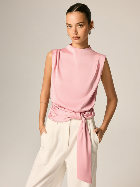 Draped Satin Tie Waist Sleeveless Blouse
