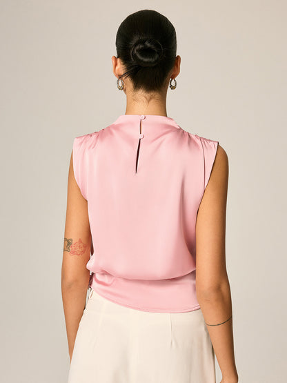 Draped Satin Tie Waist Sleeveless Blouse
