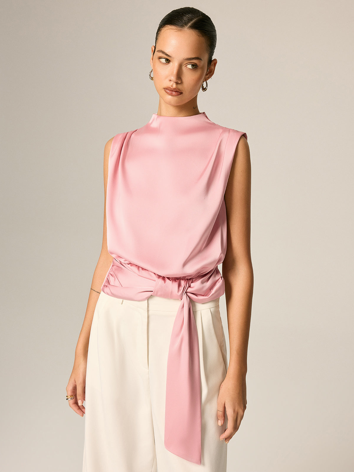 Draped Satin Tie Waist Sleeveless Blouse
