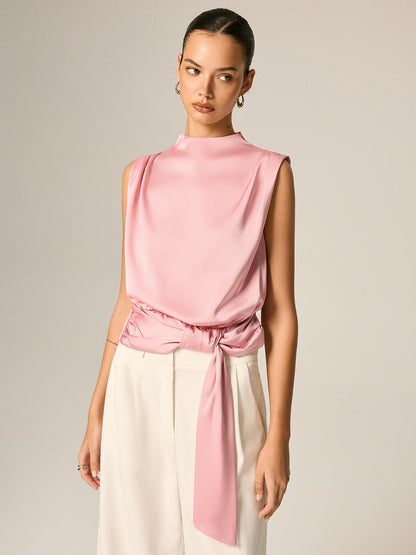 Draped Satin Tie Waist Sleeveless Blouse