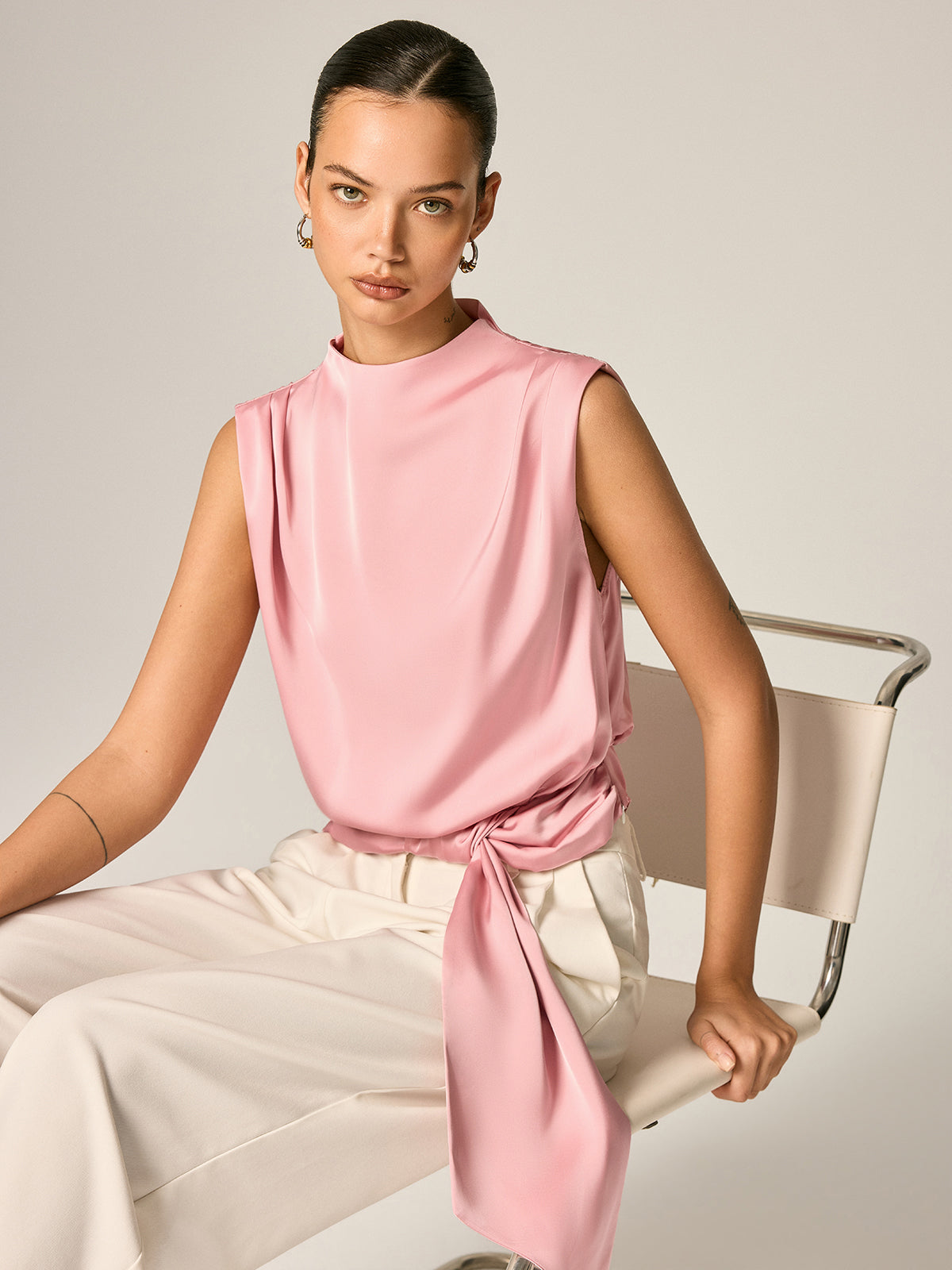Draped Satin Tie Waist Sleeveless Blouse